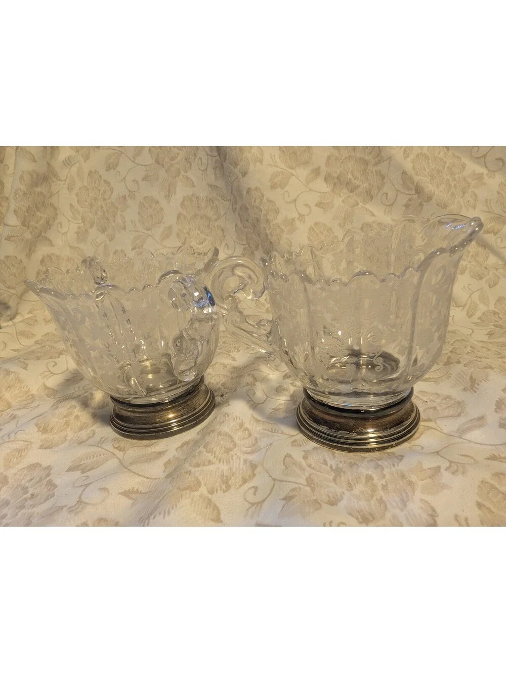 Vintage Etched Glass Creamer and Sugar Bowl Set with Sterling Silver Bases